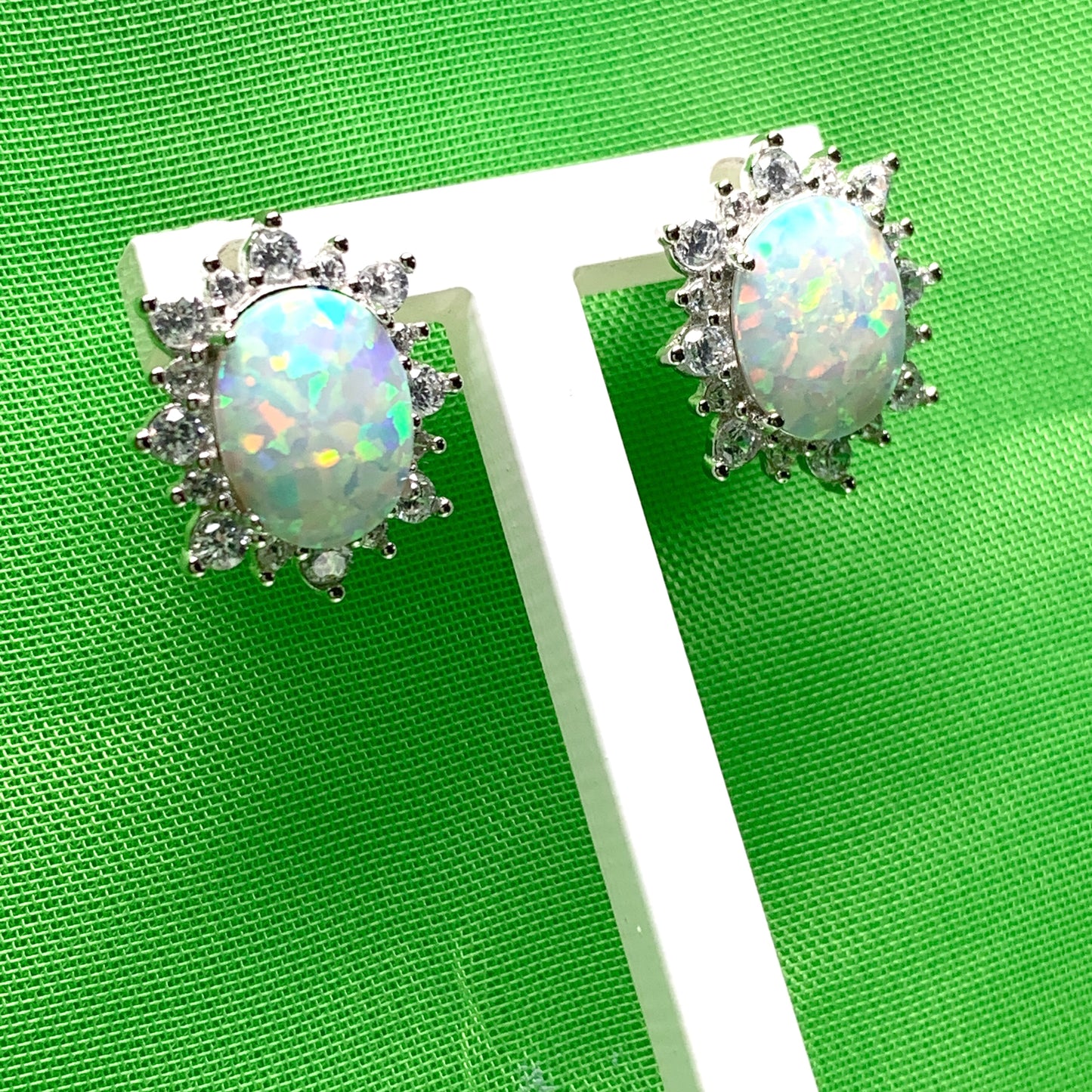 Sterling Silver Oval Opal and Cubic Zirconia Earrings