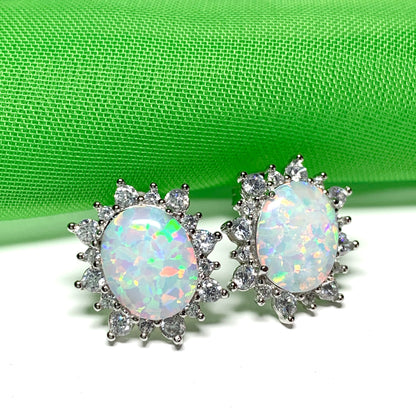 Sterling Silver Oval Opal and Cubic Zirconia Earrings