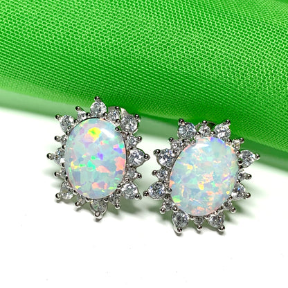 Sterling Silver Oval Opal and Cubic Zirconia Earrings