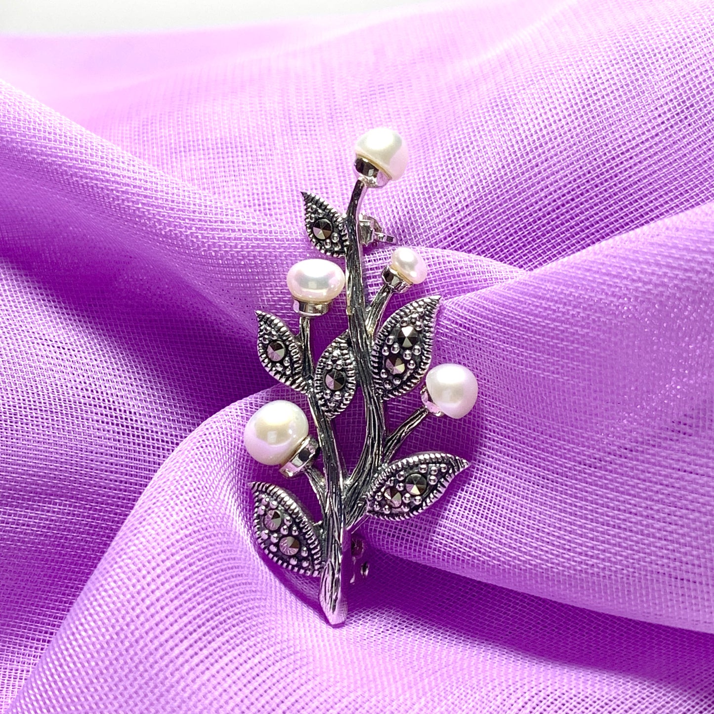 Sterling Silver Pearl and Marcasite Leaf Brooch