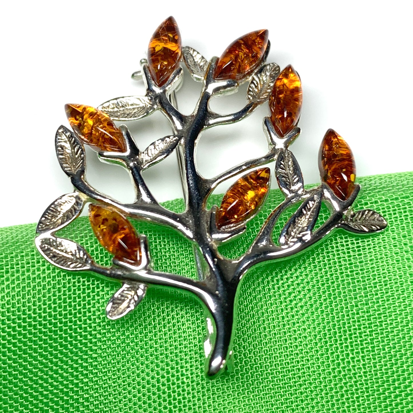 Sterling silver amber tree of life brooch