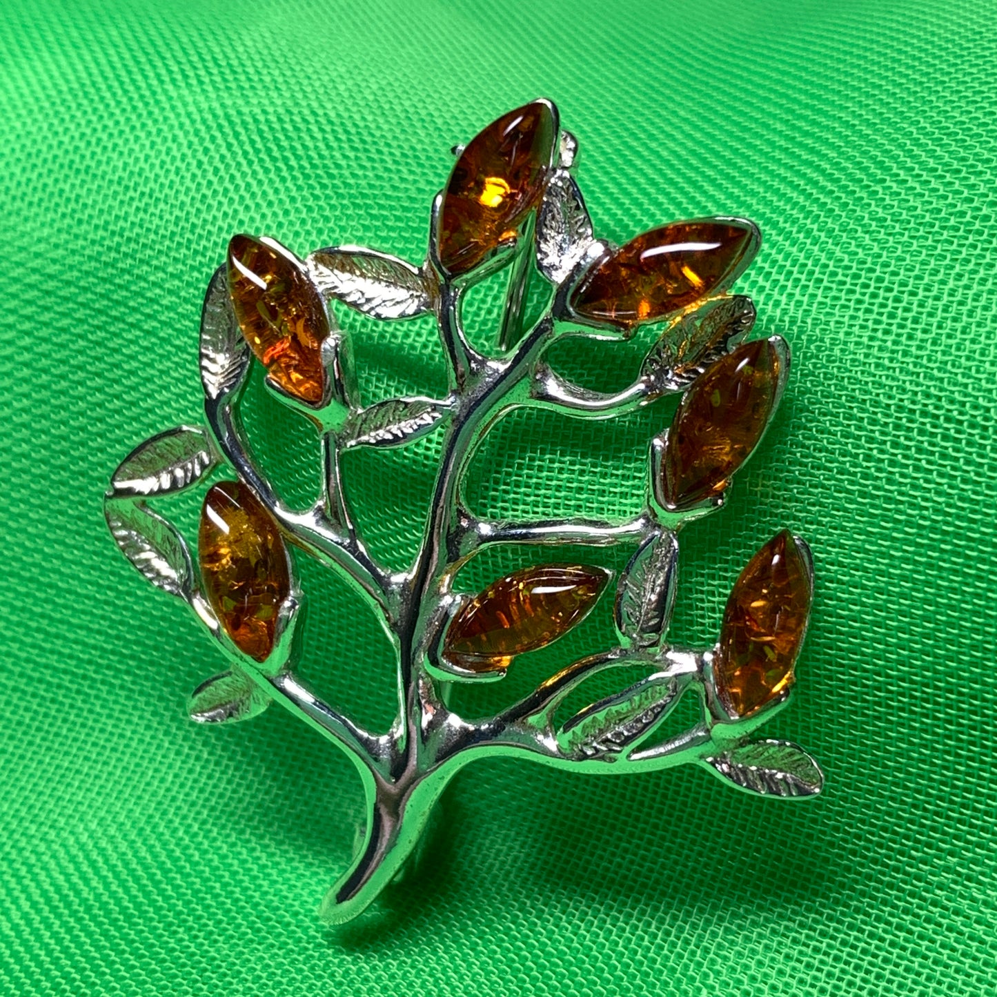 Sterling silver amber tree of life brooch