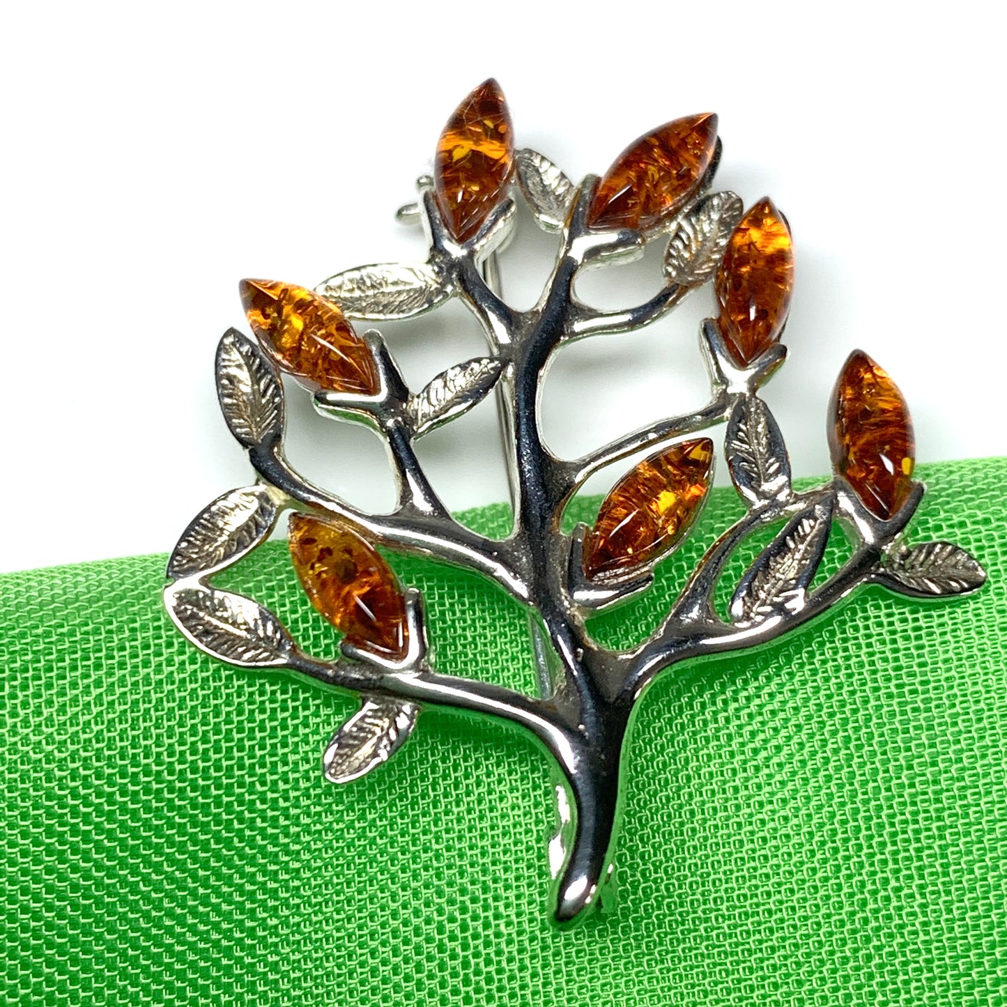 Sterling silver amber tree of life brooch