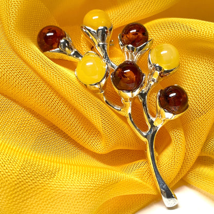 Sterling Silver Blossom Shaped Amber Brooch