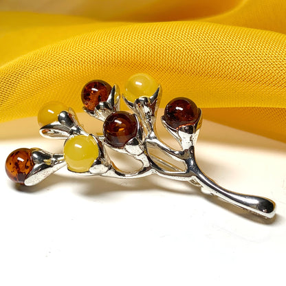 Sterling Silver Blossom Shaped Amber Brooch