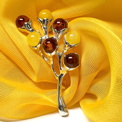 Sterling Silver Blossom Shaped Amber Brooch