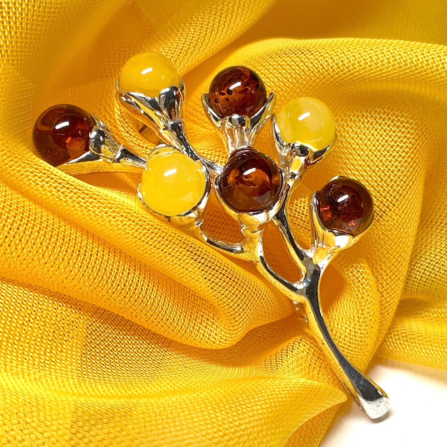 Sterling Silver Blossom Shaped Amber Brooch