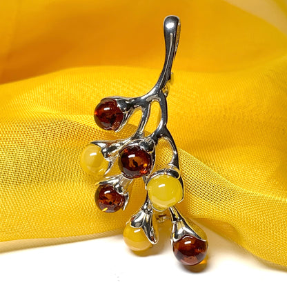 Sterling Silver Blossom Shaped Amber Brooch