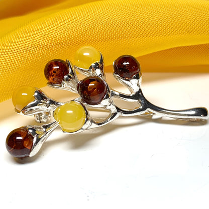 Sterling Silver Blossom Shaped Amber Brooch