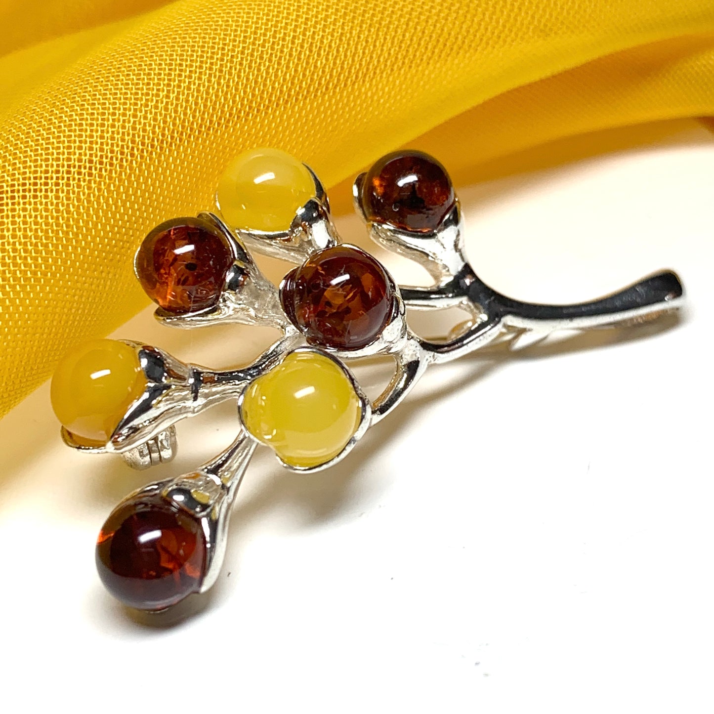 Sterling Silver Blossom Shaped Amber Brooch