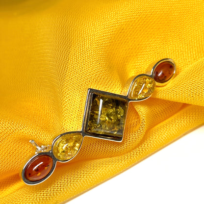 Sterling Silver Multi Coloured Amber Bar Brooch