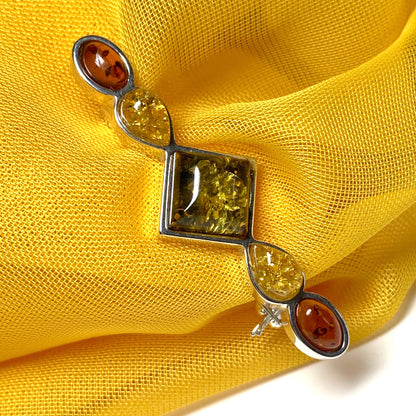 Sterling Silver Multi Coloured Amber Bar Brooch