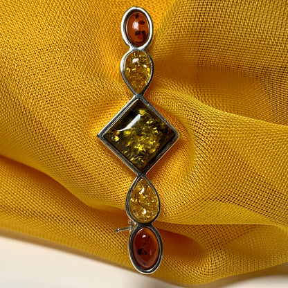 Sterling Silver Multi Coloured Amber Bar Brooch