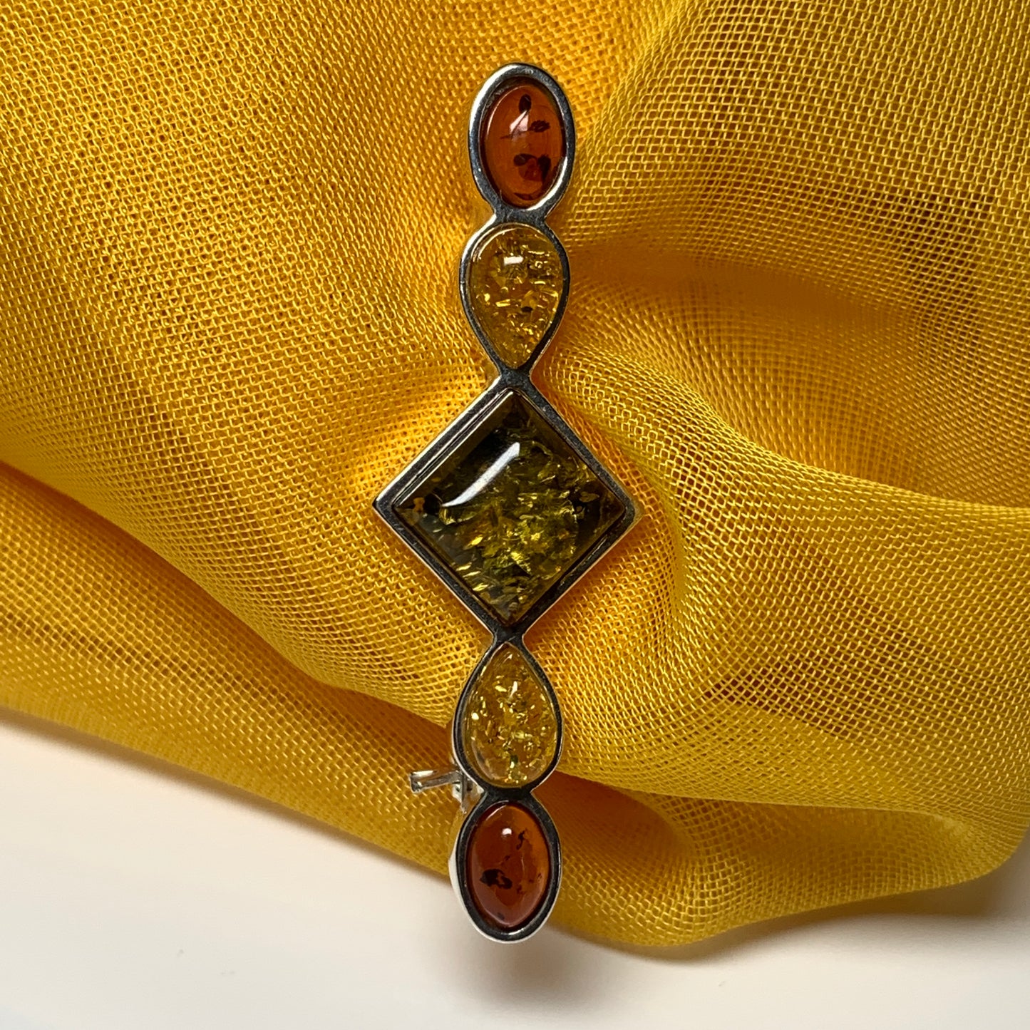 Sterling Silver Multi Coloured Amber Bar Brooch