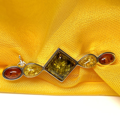 Sterling Silver Multi Coloured Amber Bar Brooch