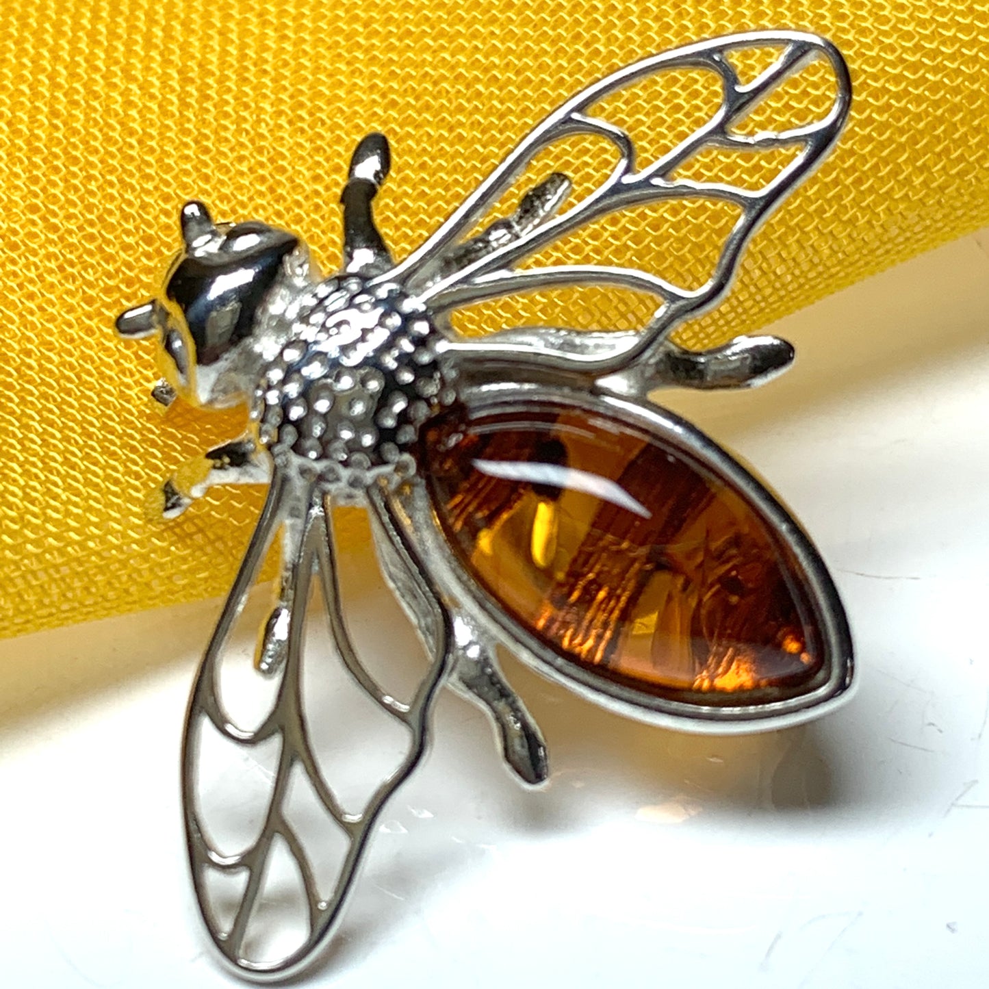 Sterling silver orange amber bumble bee brooch