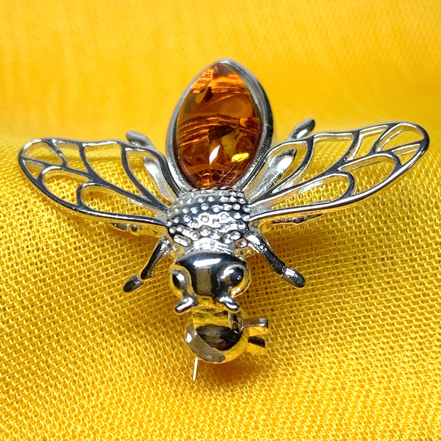 Sterling silver orange amber bumble bee brooch