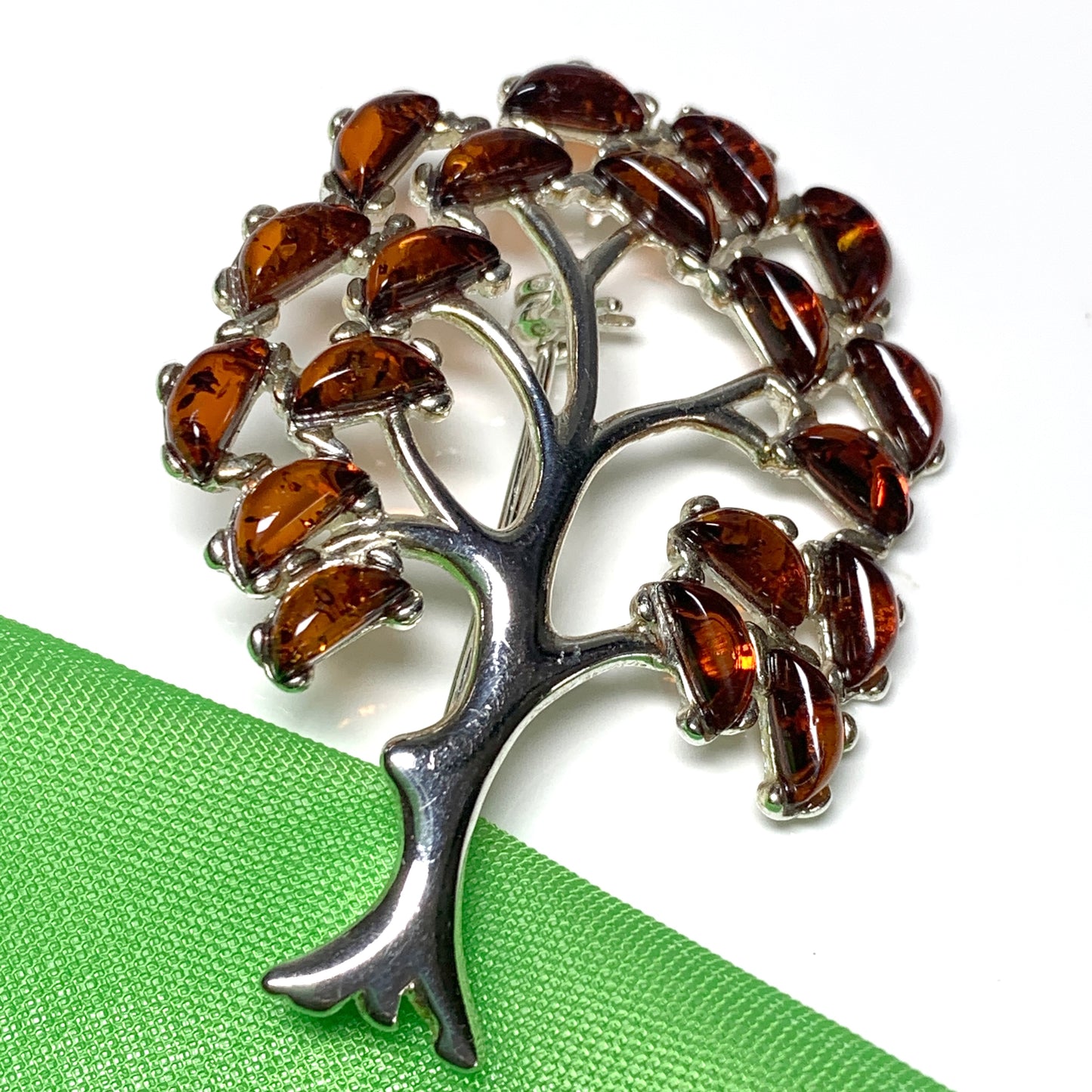 Sterling Silver Orange Amber Tree Of Life Brooch