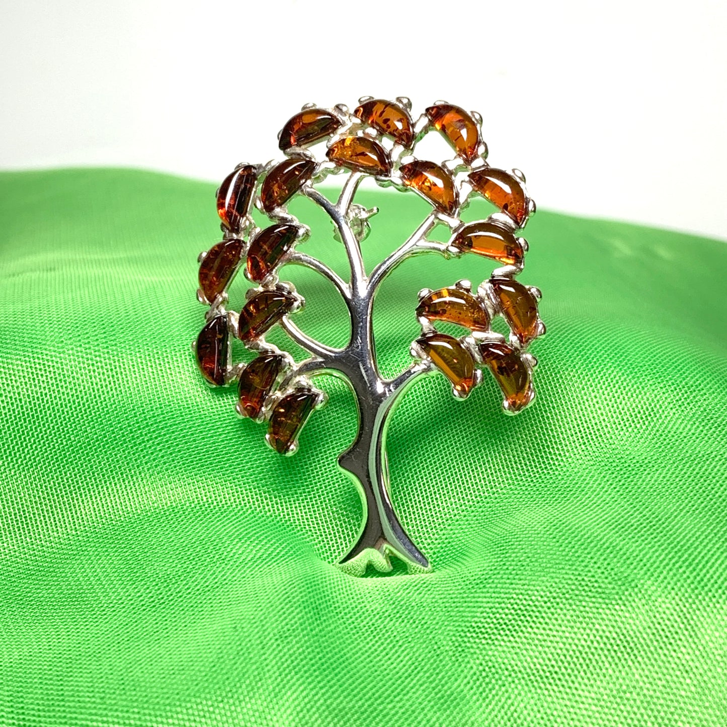 Sterling Silver Orange Amber Tree Of Life Brooch