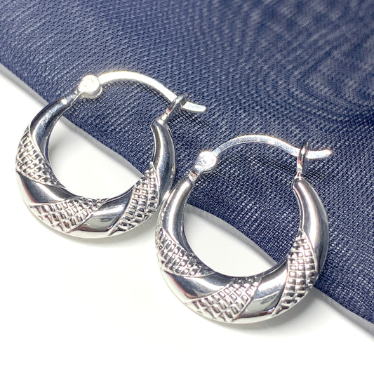 Sterling silver patterned round creole earrings