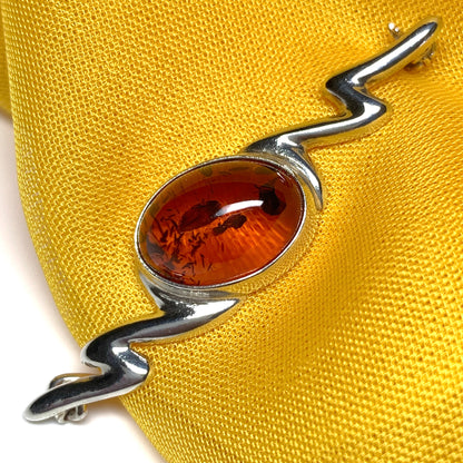 Sterling silver zig zag oval real amber bar brooch