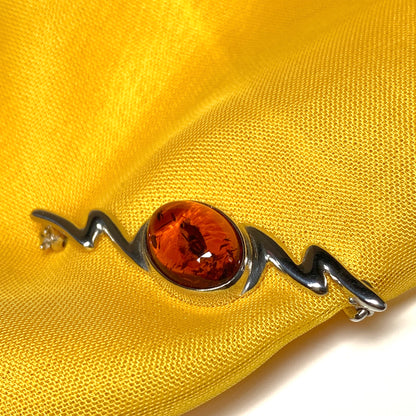 Sterling silver zig zag oval real amber bar brooch