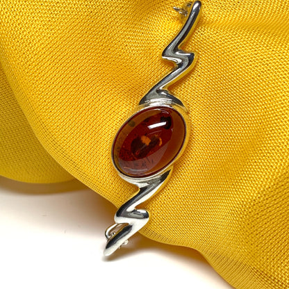 Sterling silver zig zag oval real amber bar brooch