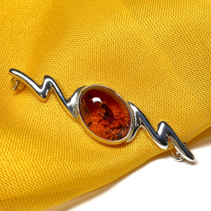 Sterling silver zig zag oval real amber bar brooch