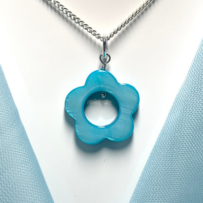 Turquoise Daisy Mother of Pearl Sterling Silver Necklace