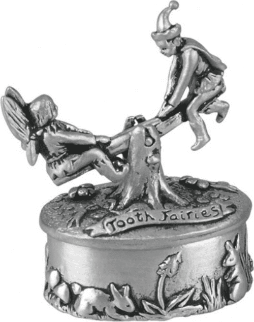 Pewter Elf & Fairy On A See-Saw First Tooth Box Christening Gift