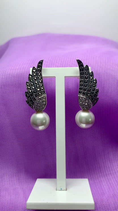 Sterling Silver Angle Wing Stud Earrings with Marcasite and Fresh Water Pearl