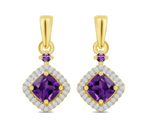 Amethyst and diamond cluster cushion yellow gold drop earrings