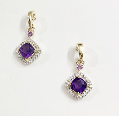 Amethyst and diamond cluster cushion yellow gold drop earrings