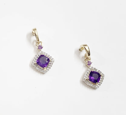 Amethyst and diamond cluster cushion yellow gold drop earrings