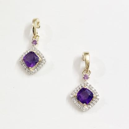 Amethyst and diamond cluster cushion yellow gold drop earrings