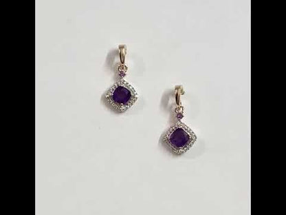 Amethyst and diamond cluster cushion yellow gold drop earrings