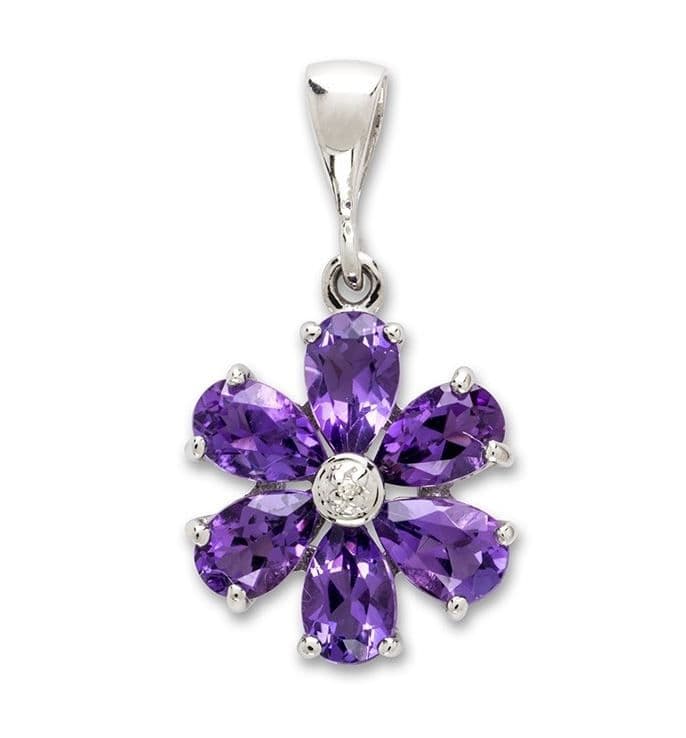 Amethyst and diamond round sterling silver purple daisy petal cluster necklace