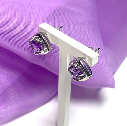 Amethyst and diamond sterling silver cushion shaped purple stud earrings