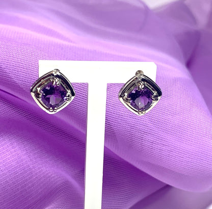 Amethyst and diamond sterling silver cushion shaped purple stud earrings