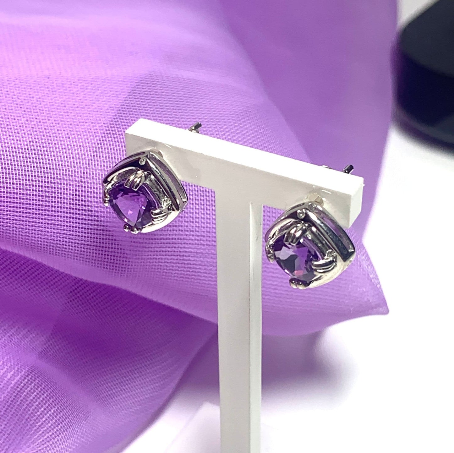 Amethyst and diamond sterling silver cushion shaped purple stud earrings