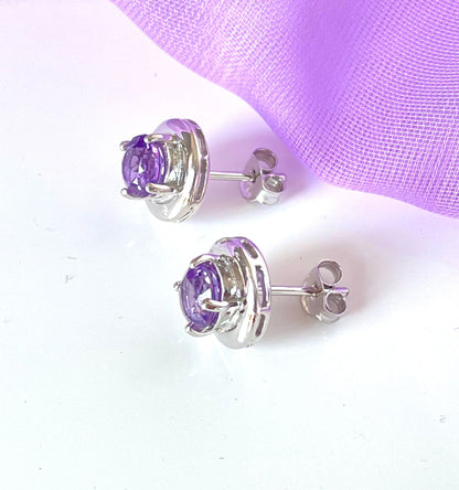 Amethyst and diamond sterling silver round purple stud earrings