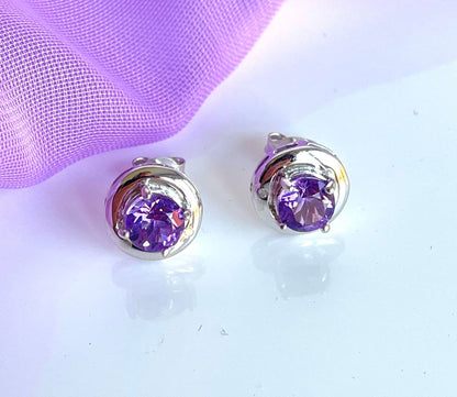 Amethyst and diamond sterling silver round purple stud earrings