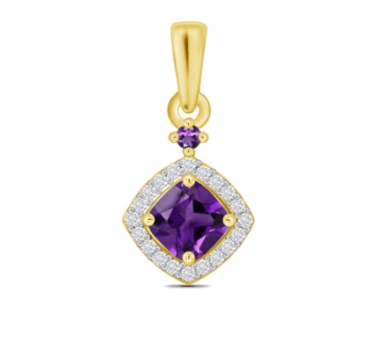 Amethyst and diamond yellow gold cushion cluster necklace
