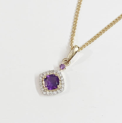 Amethyst and diamond yellow gold cushion cluster necklace