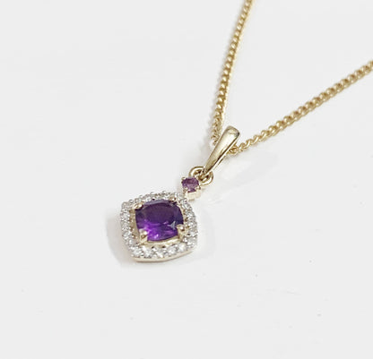 Amethyst and diamond yellow gold cushion cluster necklace