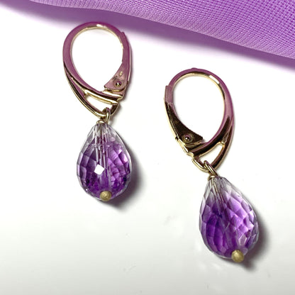 Amethyst teardrop shaped yellow gold drop earrings