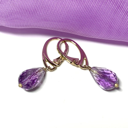 Amethyst teardrop shaped yellow gold drop earrings