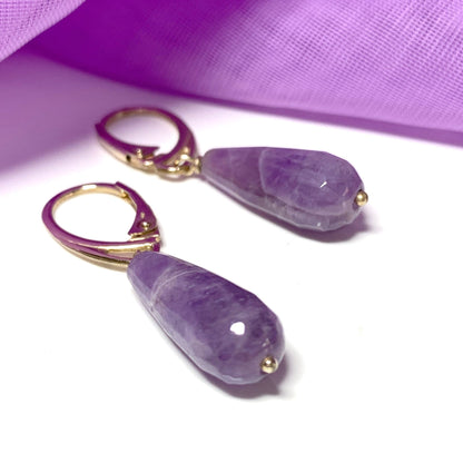 Large Amethyst Teardrop Shaped Yellow Gold Drop Earrings