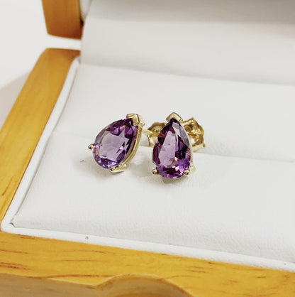 Amethyst yellow gold pear shaped stud earrings