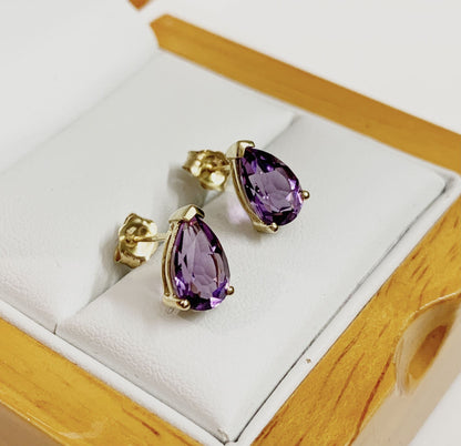 Amethyst yellow gold pear shaped stud earrings